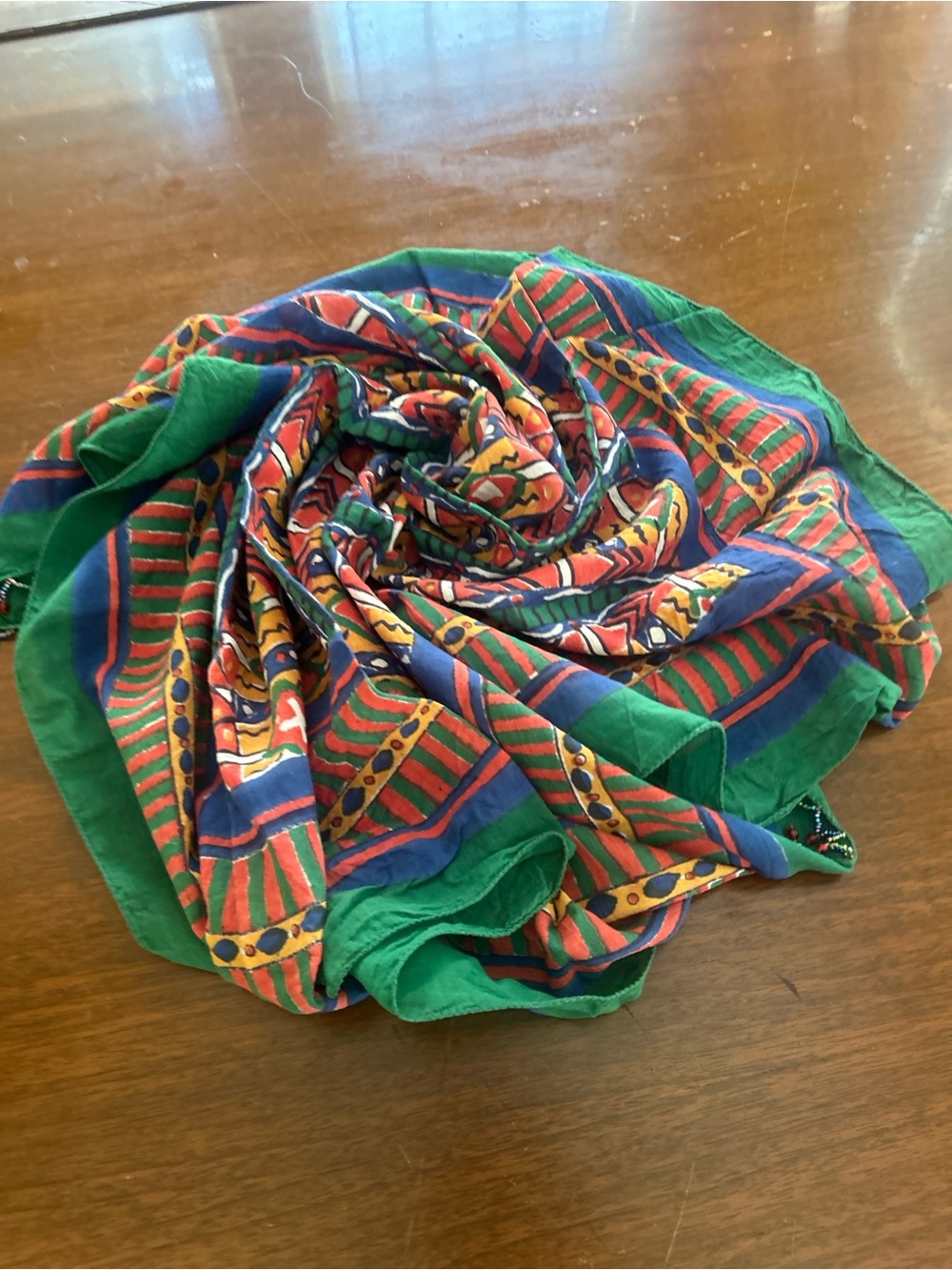 Multicolor Patterned Scarf with Green Border 28“ x 28“ geometric pattern